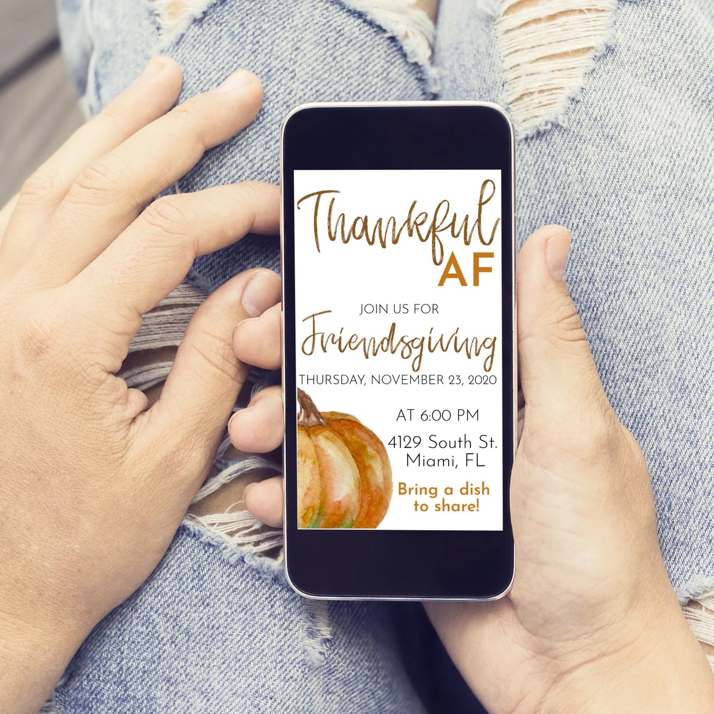 Thanksgiving Dinner Editable Mobile Invite | Thankful AF Friendsgiving Invitation | Friends Potluck