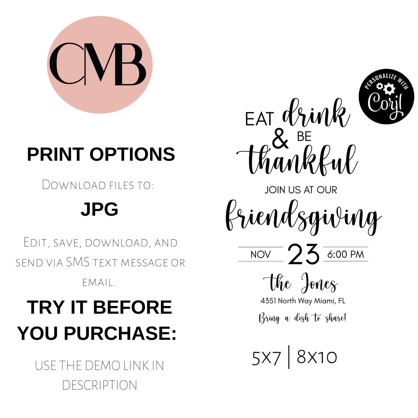 Eat Drink & Be Thankful Friendsgiving Invitation | Thanksgiving Dinner