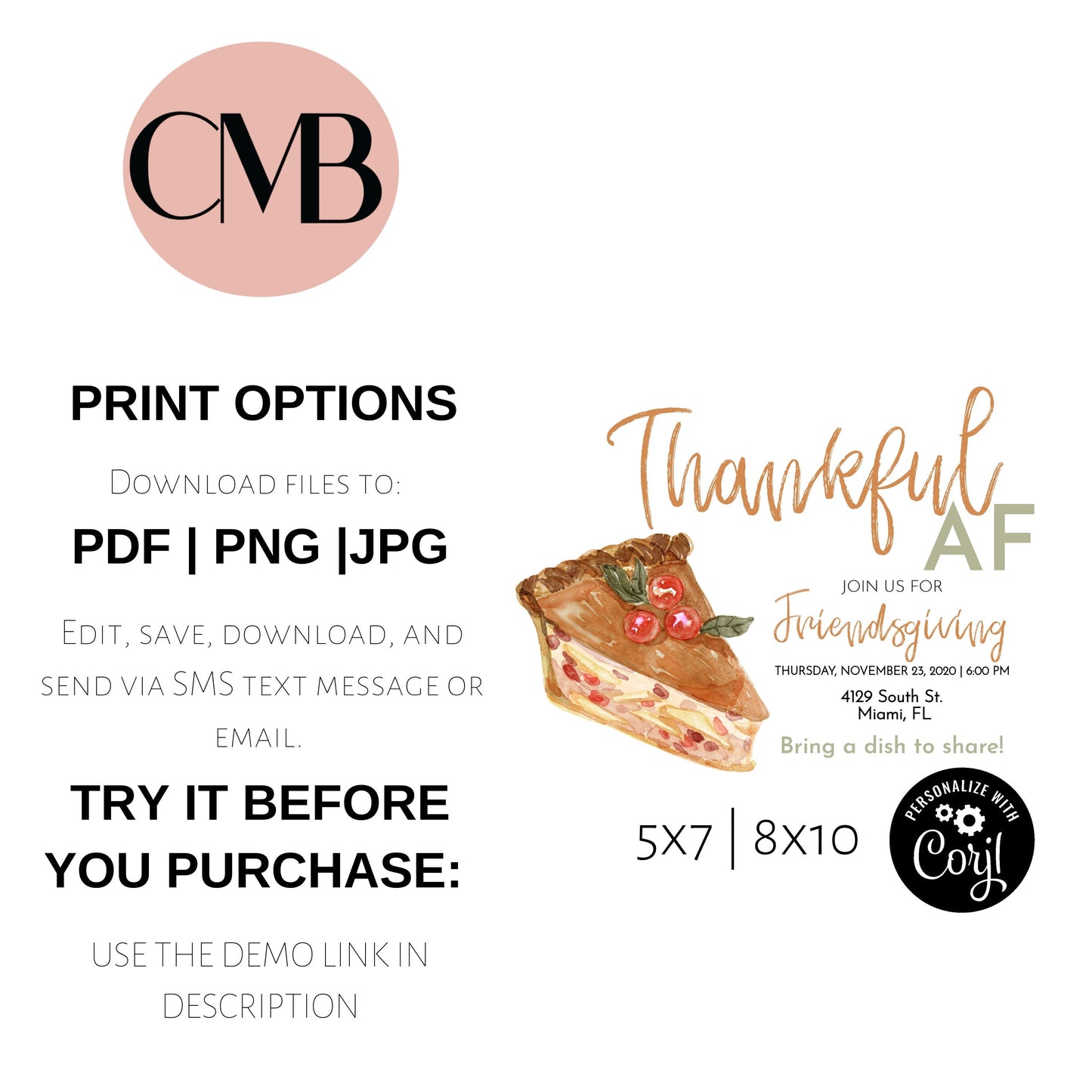 Thanksgiving Dinner Editable Invite | Thankful AF Pie Friendsgiving Invitation | Friends Potluck
