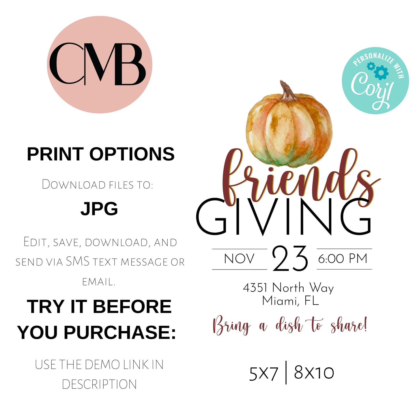 Thanksgiving with Friends | Friendsgiving Invitation | Potluck Invite | Editable Invitation