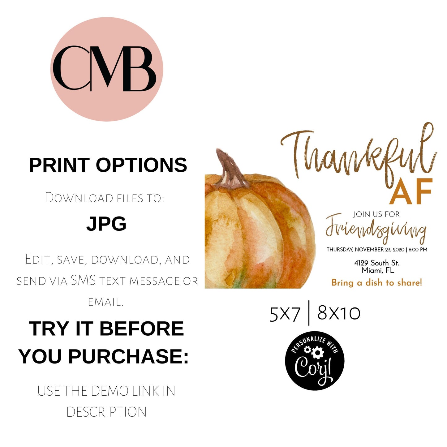 Thanksgiving Dinner Editable Invite | Thankful AF Friendsgiving Invitation | Friends Potluck