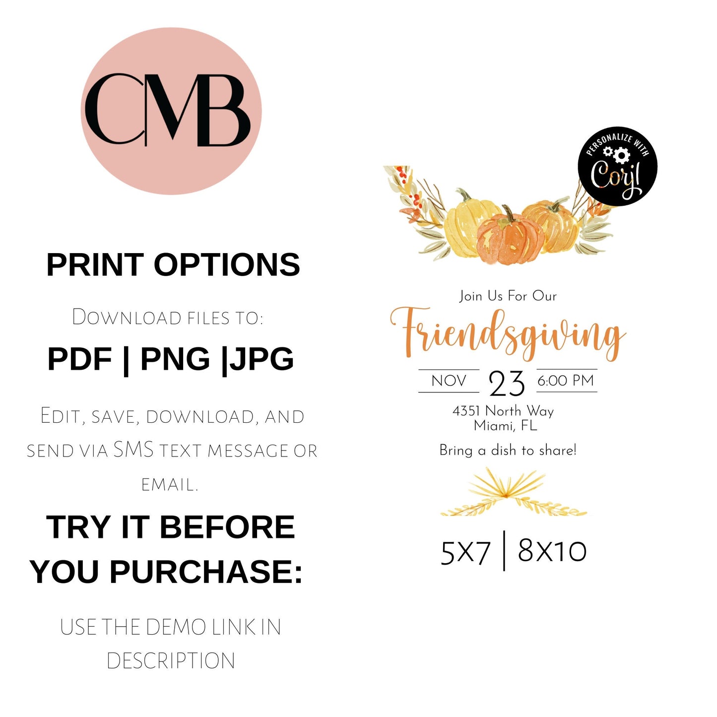 Thanksgiving Dinner Editable Invite | Friendsgiving Invitation | Friends Potluck