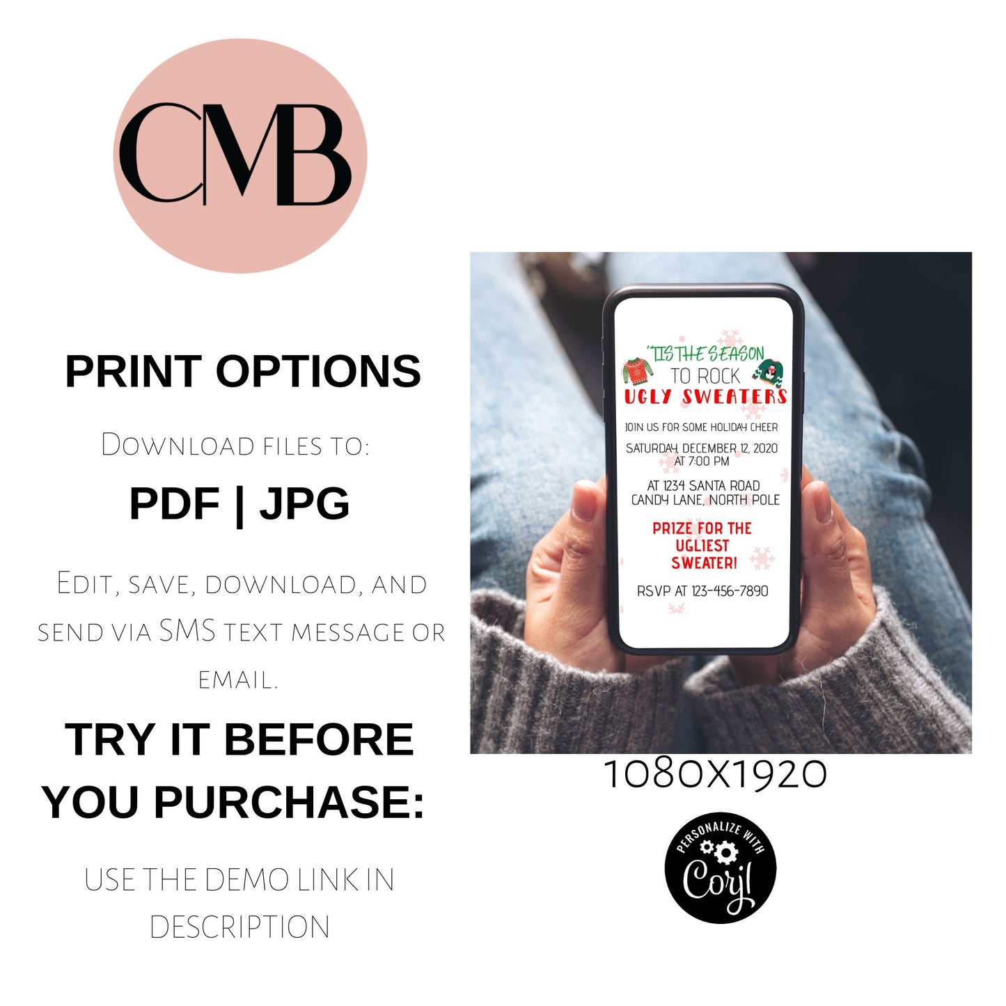 Christmas Ugly Sweater Party Mobile Invitation | Holiday Editable Invite