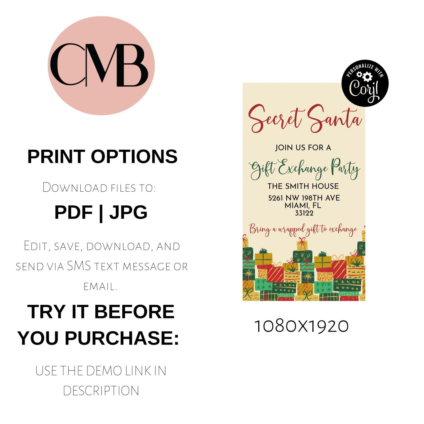 Christmas Secret Santa Mobile Invite | Gift Exchange Party Invitation | Editable Invite