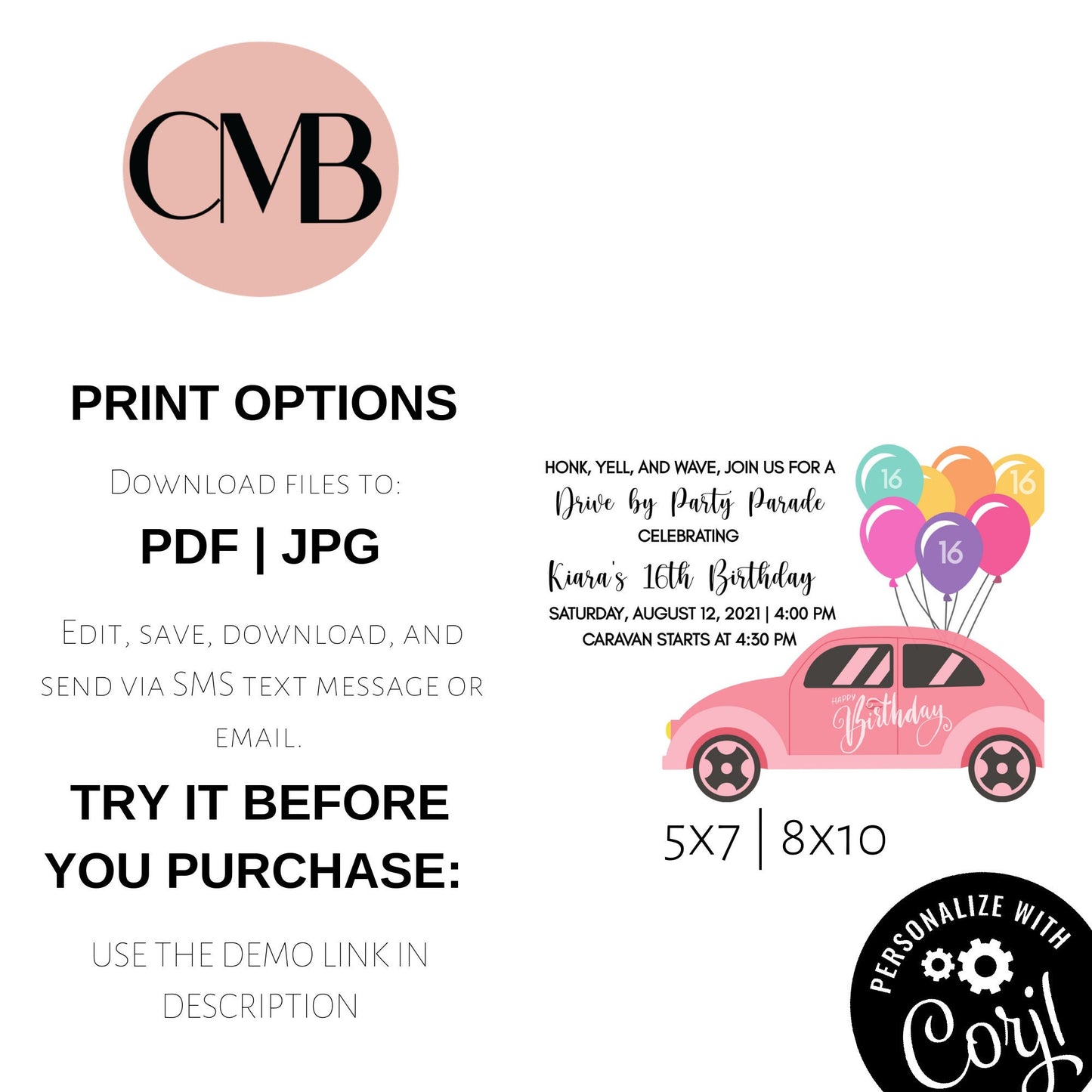 Birthday Party Invitation | Editable Drive By Birthday Parade Invite | Honk, Wave and Yell