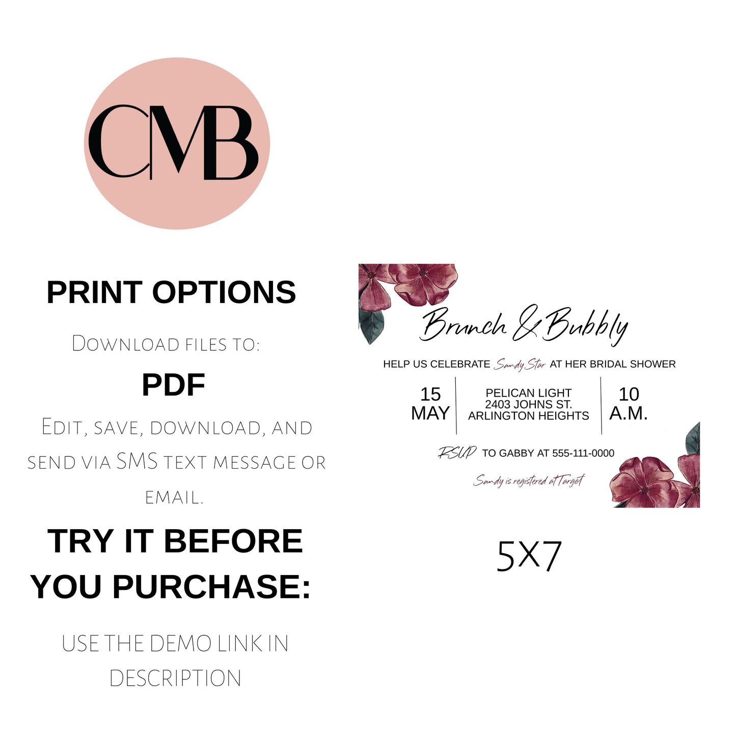 Bridal Shower Invite | Brunch and Bubbly | Editable Instant Download
