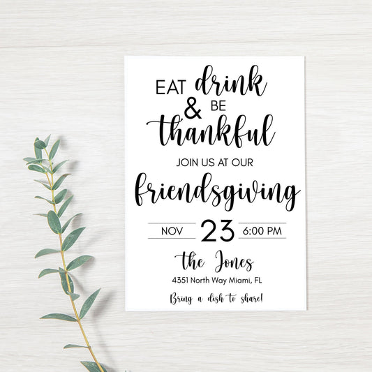 Eat Drink & Be Thankful Friendsgiving Invitation | Thanksgiving Dinner