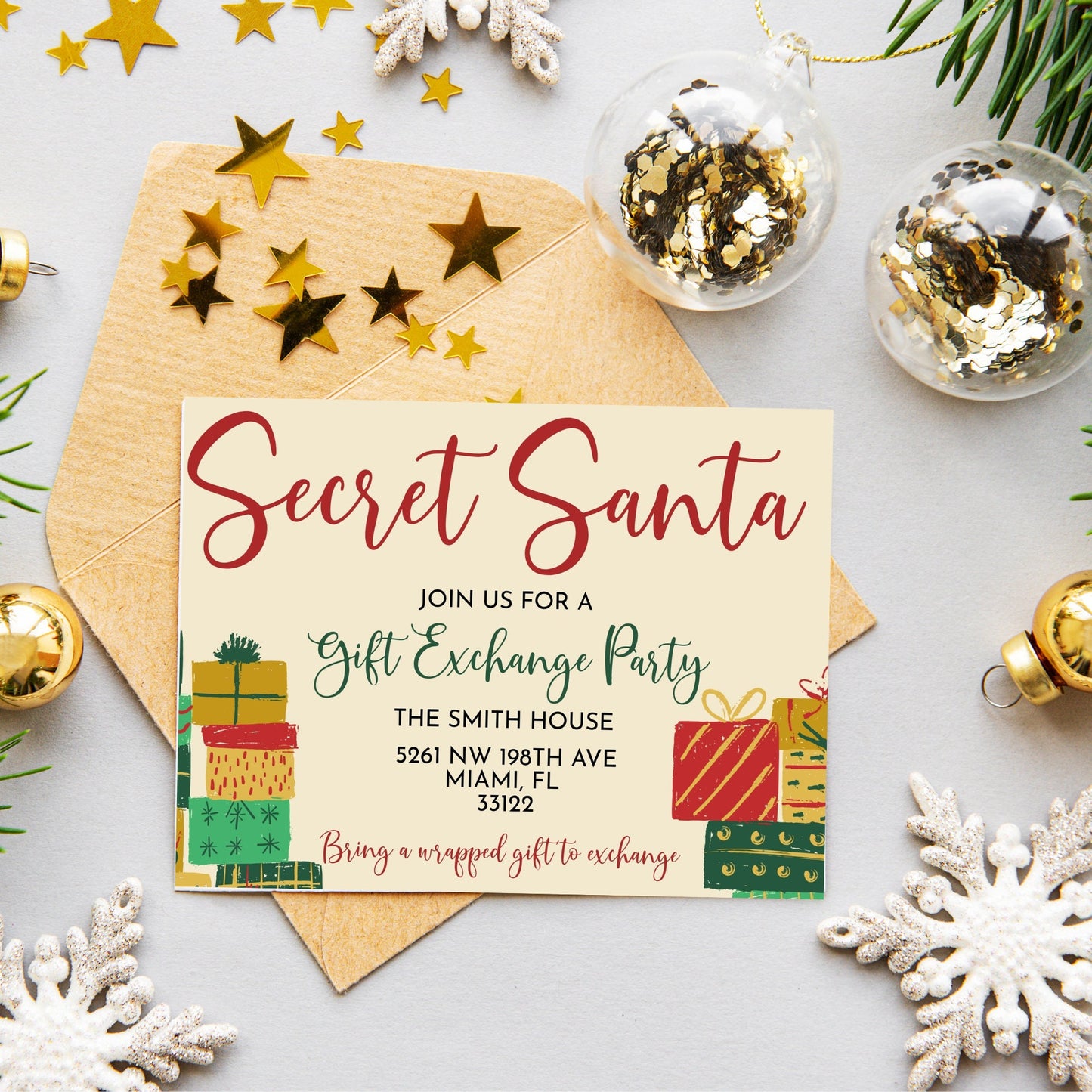 Christmas Secret Santa | Gift Exchange Party Invitation | Editable Invite