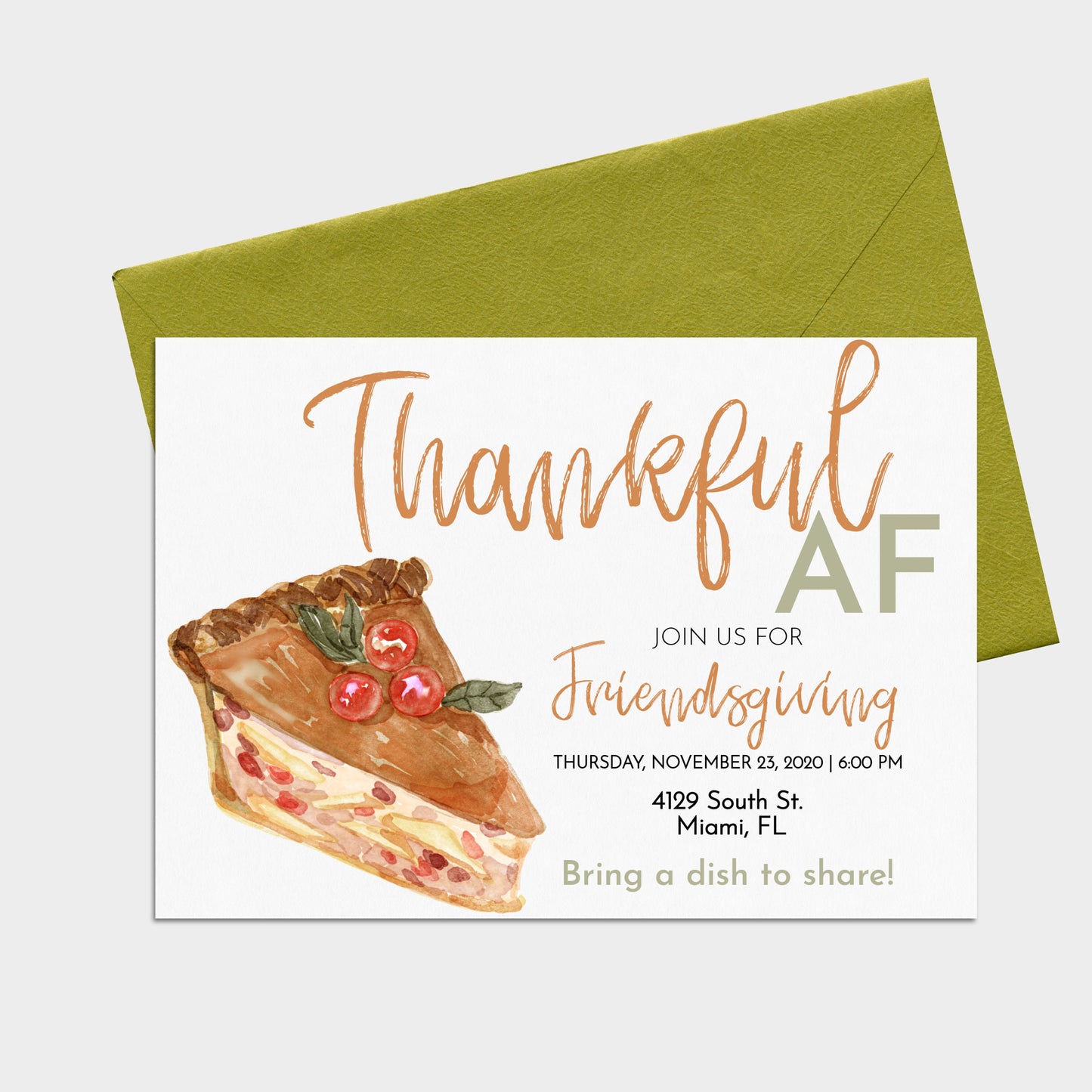 Thanksgiving Dinner Editable Invite | Thankful AF Pie Friendsgiving Invitation | Friends Potluck