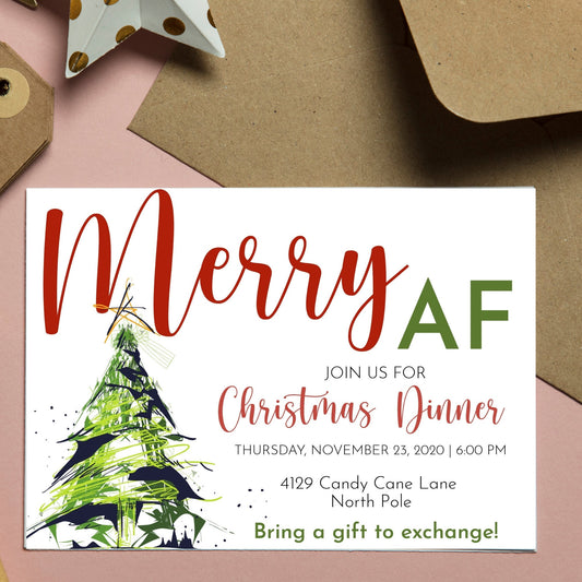 Merry AF Christmas Tree Party Invite | Gift Exchange Party Invitation | Editable Invite