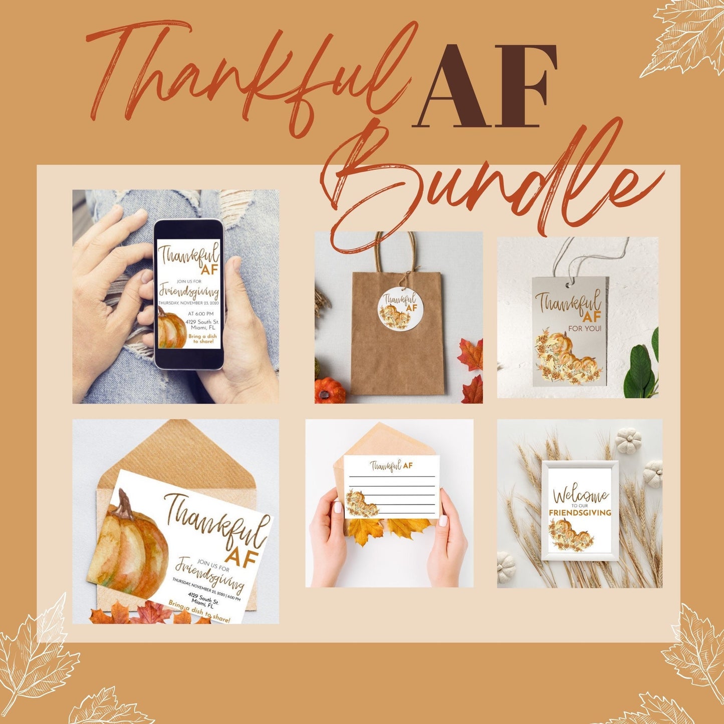 Thanksgiving Dinner Editable Decor Bundle | Thankful AF Friendsgiving Prints | Friends Potluck