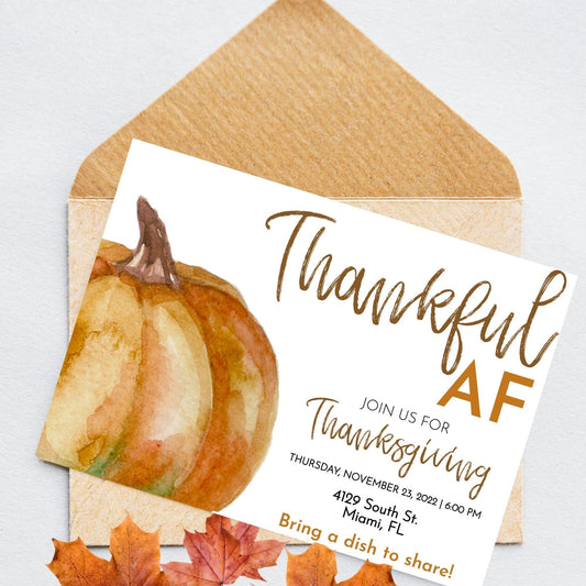 Thanksgiving Dinner Editable Invite | Thankful AF Friendsgiving Invitation | Friends Potluck